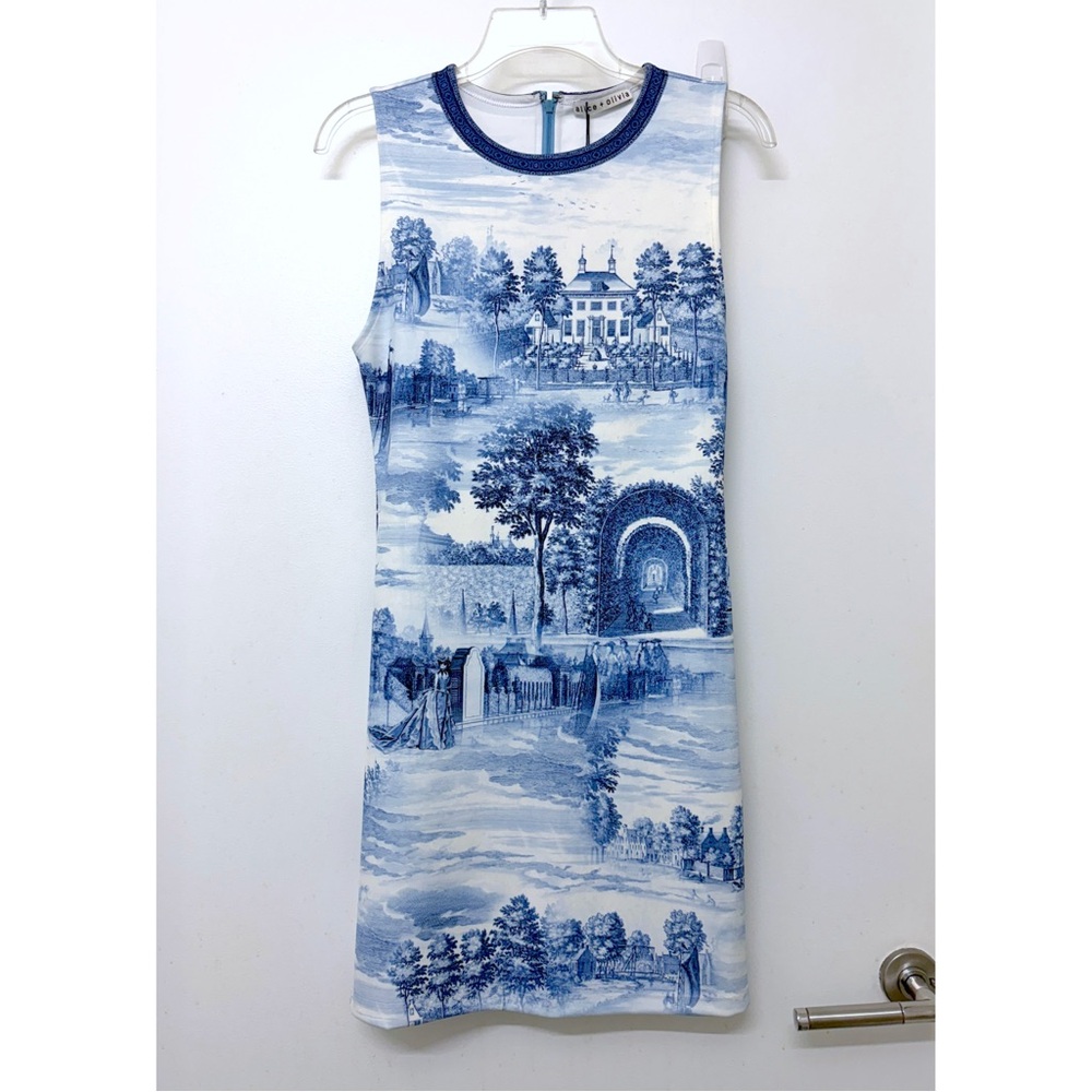 NWT Alice + Olivia Wynell Chateau A Line Mini Dress Blue Toile De Jouy Floral 6 - Picture 3 of 12
